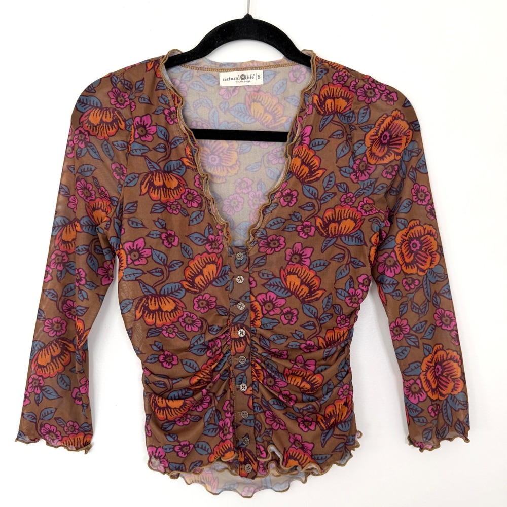 Natural Life Women Brown Floral Mesh Ruched Button Front Lettuce Edge Top Small